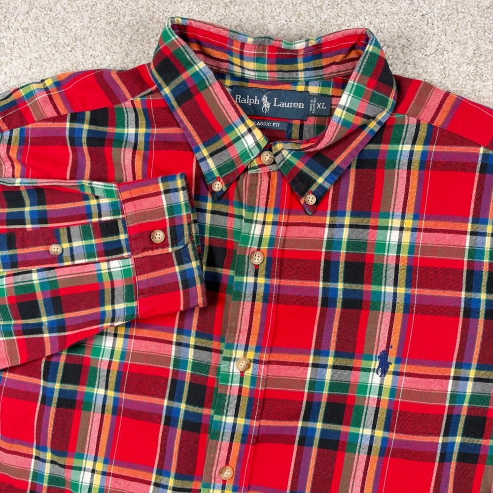 Ralph Lauren Button Down Shirt Mens XL Red Plaid Classic Fit Long Sleeve Pony